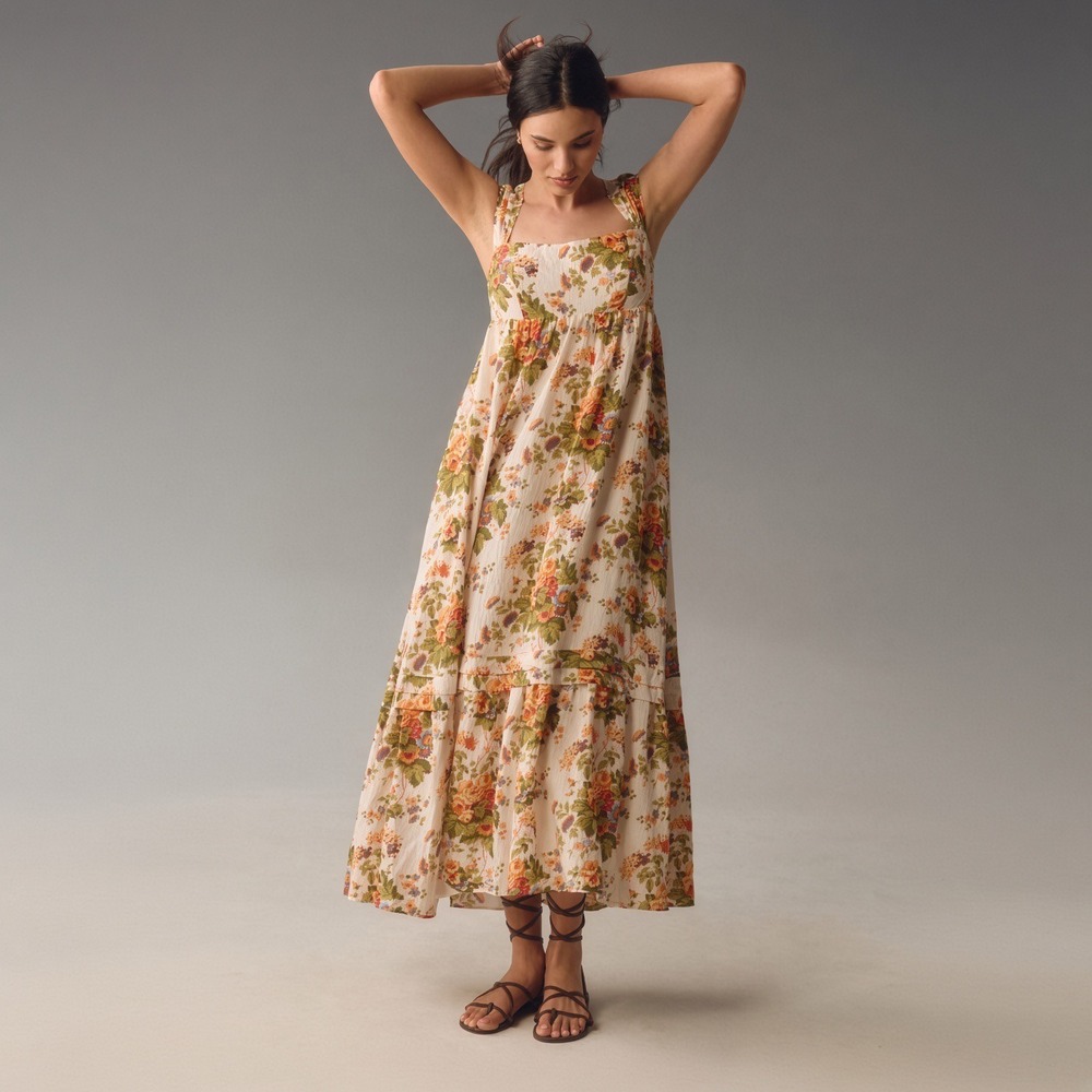 Anthropologie Sleeveless Square Neck Floral Maxi Dress Boho Tiered Smocked M